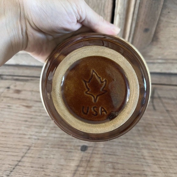 Vintage Western Stoneware Ribbed Brown Bowl Maple Leaf Stamp Drip Glaze Monmouth - Picture 2 of 8